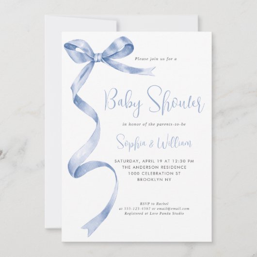 Invitation Baby shower Bow Ribbon Bow Aquarelle bleu clair (Devant)
