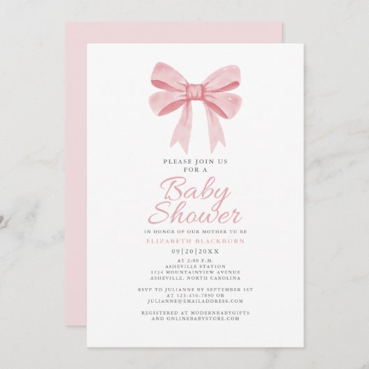 Invitation Baby shower Bow rose Girly Coquette élégante Paste (Devant / Derrière)