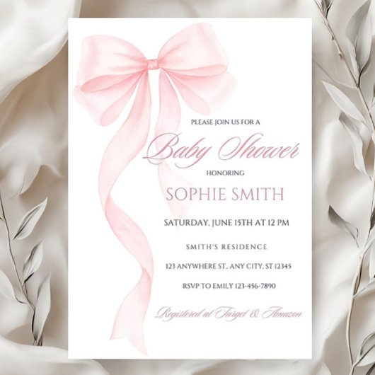 Invitation Baby shower Bow rose pâle Invitable