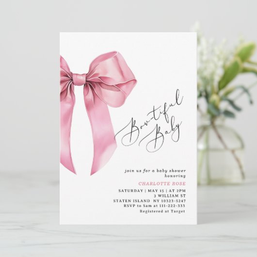 Invitation Baby shower Bowtiful Baby Pink Bow (Debout devant)