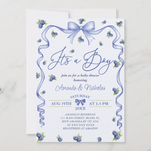 Invitation Baby shower Boy Blue Blueberry (Devant)