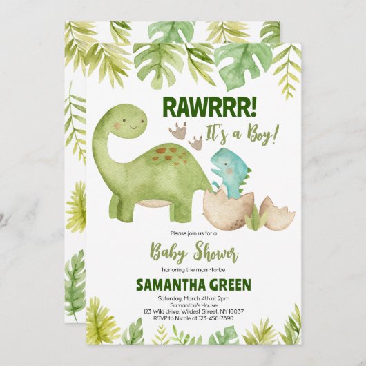 Invitation Baby shower Boy Dinosaur (Devant / Derrière)