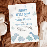 Invitation Baby shower Boy Dinosaur<br><div class="desc">Invitation baby shower du garçon mignonne avec illustration dinosaures et étoiles dans les couleurs bleu pastel. Le texte dit "RAWR ! C'est un garçon !"</div>