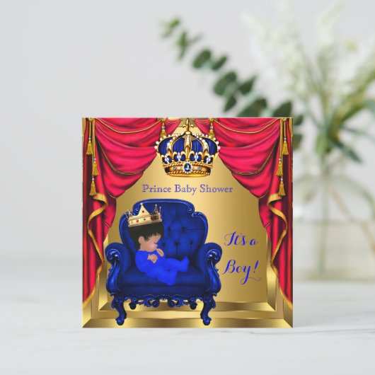 Invitation Baby shower Boy Little Prince Royal Blue Red Gold (Debout devant)