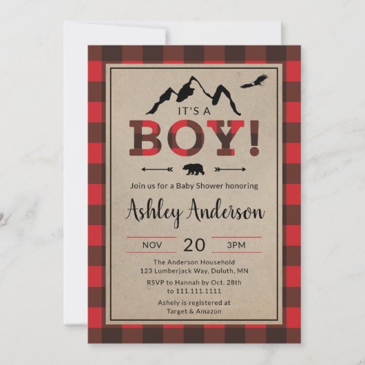 Invitation Baby shower Boy Lumberjack (Devant)