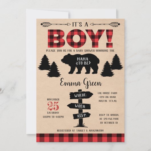 Invitation Baby shower Boy Lumberjack (Devant)