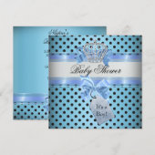 Invitation Baby shower Boy Polka Dot Bleu Prince Couronne Noi (Devant / Derrière)