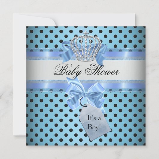 Invitation Baby shower Boy Polka Dot Bleu Prince Couronne Noi (Devant)