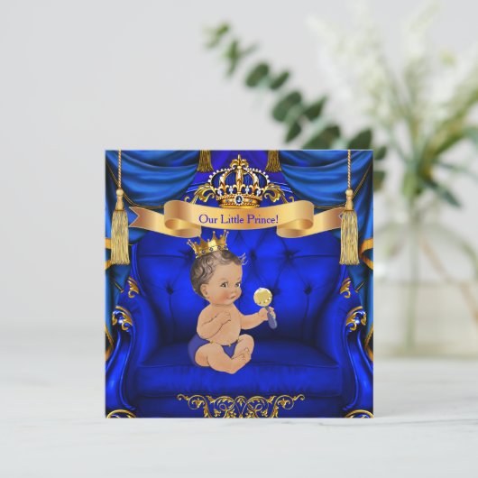 Invitation Baby shower Boy Prince Royal Blue Gold Brunette (Debout devant)
