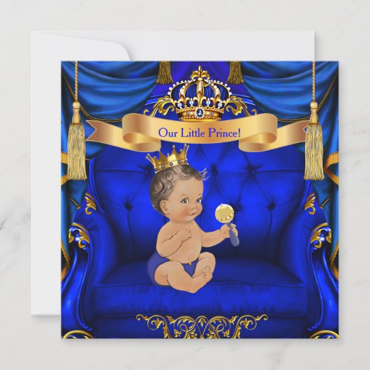 Invitation Baby shower Boy Prince Royal Blue Gold Brunette (Devant)