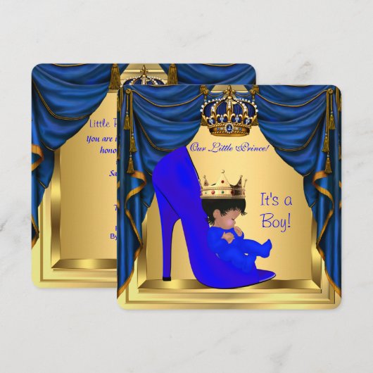 Invitation Baby shower Boy Prince Royal Blue Shoe Gold (Devant / Derrière)