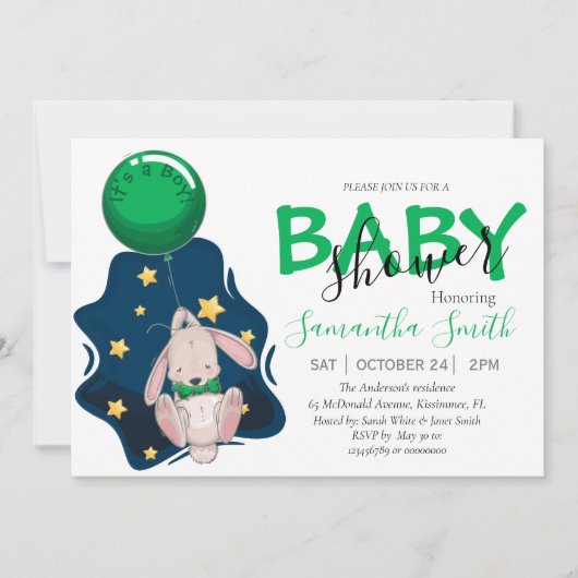 Invitation baby shower, Boy Rabbit Invitation (Devant)