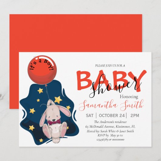 Invitation baby shower, Boy Rabbit Invitation (Devant / Derrière)