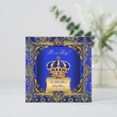 Invitation Baby shower Boy Royal Blue Damask Gold Crown (Debout devant)