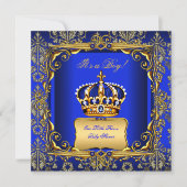 Invitation Baby shower Boy Royal Blue Damask Gold Crown (Devant)