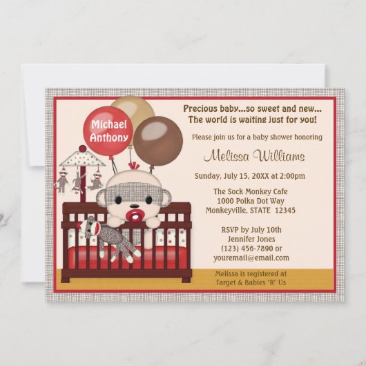 Invitation Baby shower BOY Sock MONKEY Crib SMC-B (Devant)
