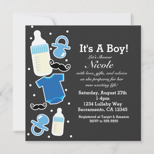 Invitation Baby shower Boy Thèmes Bleu & Gris Moderne (Devant)