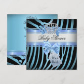 Invitation Baby shower Boy Zebra Blue Prince Crown Black (Devant / Derrière)