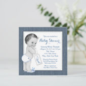 Invitation Baby shower Boys Blue Denim (Debout devant)