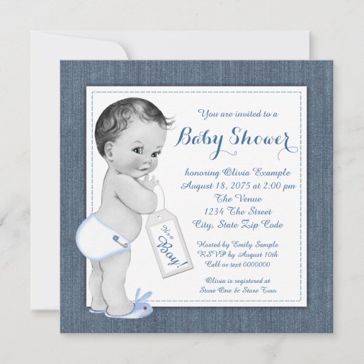 Invitation Baby shower Boys Blue Denim (Devant)