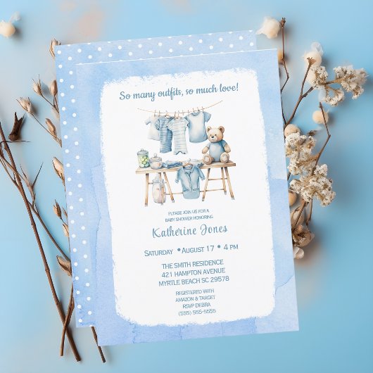 Invitation Baby shower Boys Clothesline Teddy Bear
