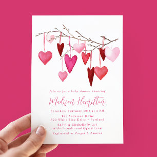 Invitation Baby-Shower Branche de coeur rose et rouge aquarel