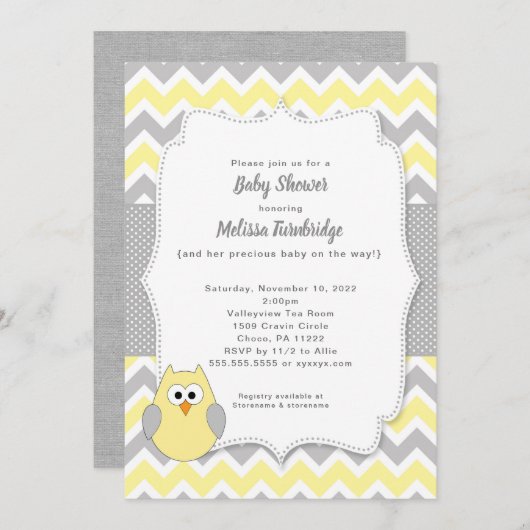 Invitation Baby shower branché de fille de hibou jaune et gri (Devant / Derrière)