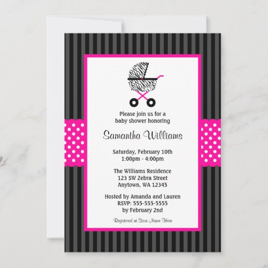 Invitation Baby shower branché de transport Zebra Hot Pink (Devant)