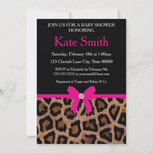 Invitation Baby shower branché Hot Pink et Black Leopard Bow (Dos)
