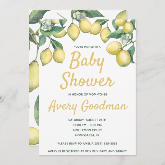 Invitation Baby shower Branches de citron (Devant / Derrière)