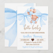 Invitation Baby shower Brown Bear Blue Bow (Devant / Derrière)