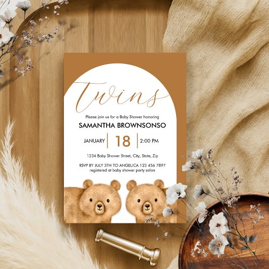 Invitation Baby shower Brown Bear Twins