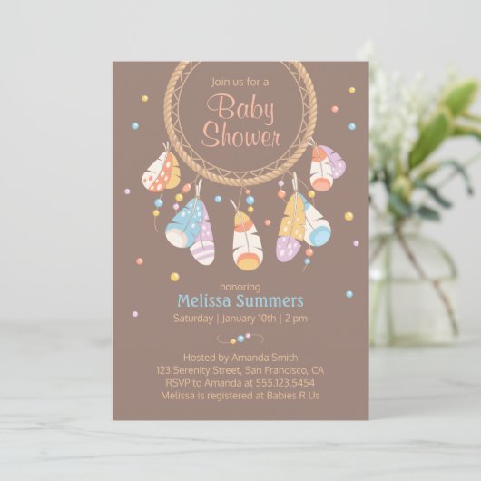 Invitation Baby shower Brown Boho Tribal Dreamcatcher (Debout devant)