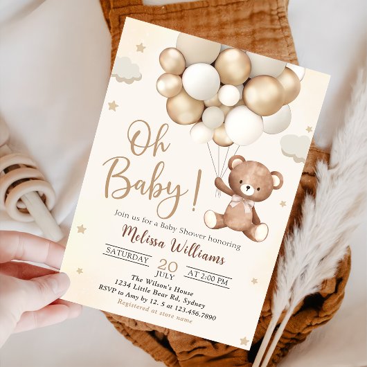 Invitation Baby shower Brown de ballons d'ours en peluche