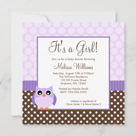 Invitation Baby shower Brown de fille de point de polka de (Devant)