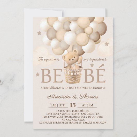 Invitation Baby shower Brown des ballons d'ours espagnols (Devant)