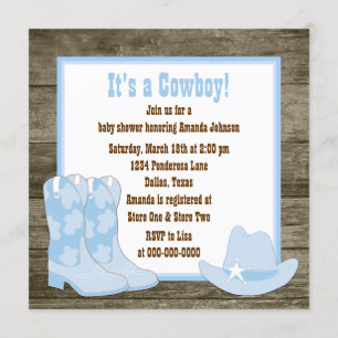 Invitation Baby shower Brown et bleu de cowboy de bottes de