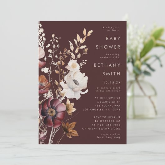 Invitation Baby shower Brown Fleur sauvage Boho Fall (Debout devant)