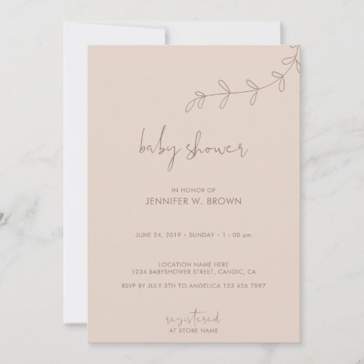 Invitation Baby shower Brown minimal de fleurs (Devant)