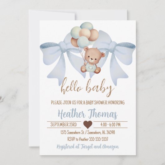 Invitation Baby shower Brown Ours Et Bow (Devant)