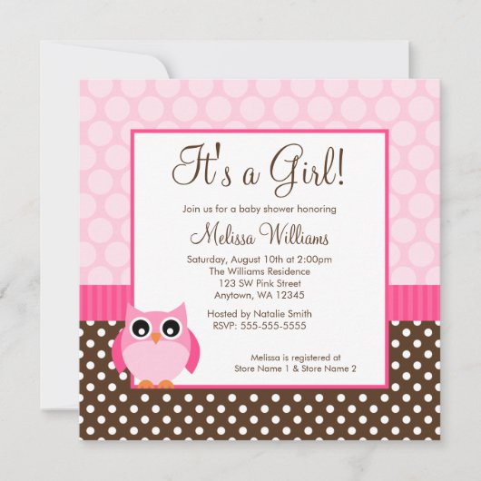Invitation Baby shower Brown rose de fille de point de polka (Devant)