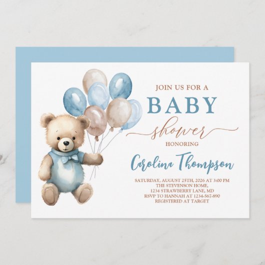 Invitation Baby shower Brown Teddy Bear Boy Blue Pastel (Devant / Derrière)