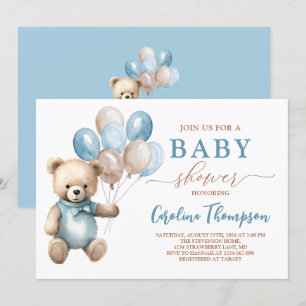 Invitation Baby shower Brown Teddy Bear Boy Blue Pastel