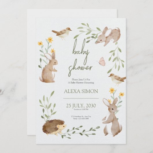 Invitation Baby shower Brown vert illustré (Devant / Derrière)