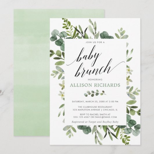 Invitation Baby shower Brunch eucalyptus neutre genre (Devant / Derrière)