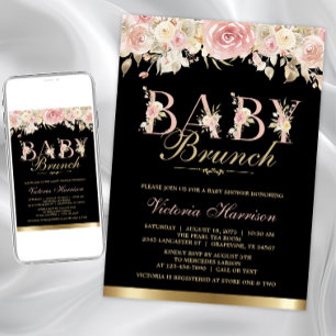 Invitation Baby Shower Brunch Fille Or Noir Floral
