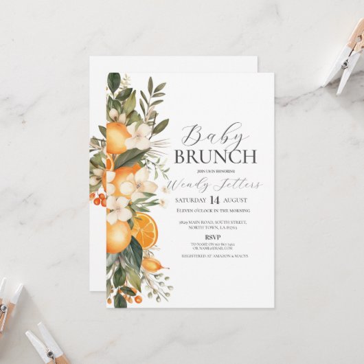 Invitation Baby shower Brunch Floral Bachelorette Fruit (Devant/Arrière en situation)