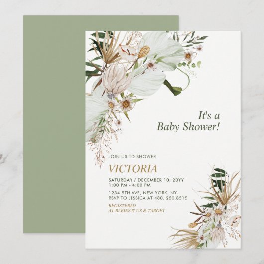Invitation Baby Shower Brunch Vert & Or Boho Botanique (Devant / Derrière)
