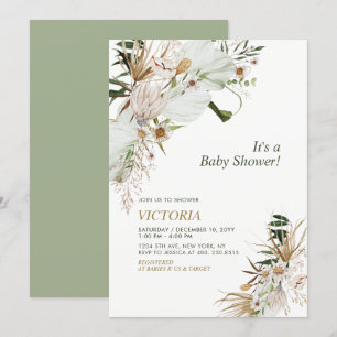 Invitation Baby Shower Brunch Vert & Or Boho Botanique