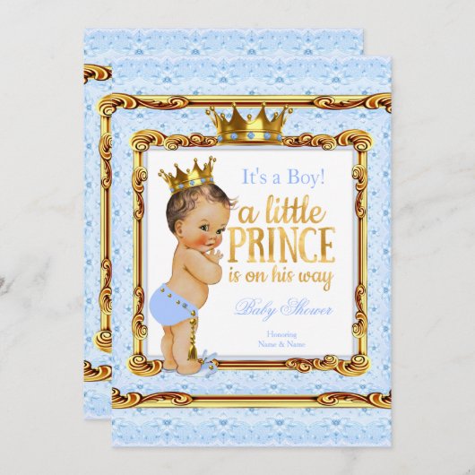 Invitation Baby shower Brunette en or bleu clair (Devant / Derrière)